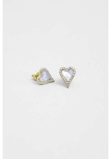 Sedef Kalbi 18 Ayar Sarı Altın Kaplama Gümüş Kalp Küpe Sarı