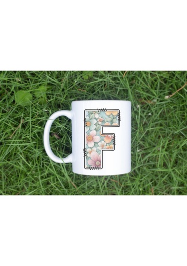 F Harfli Pastel Çiçek Desenli Kahve Kupası - Kişiye Özel Çiçekler Koleksiyonu Bardak - Hediye Beyaz