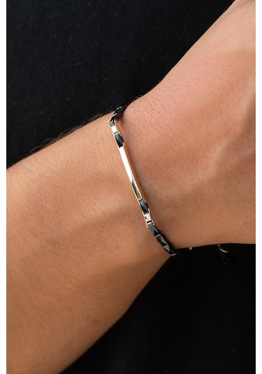 Cenova Kuyumculuk 14 Ayar Altın Bar Detaylı Siyah Seramik Erkek Bileklik Sarı Altın