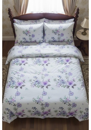 Lavanta Bahçesi Çift Kişilik %100 Pamuk Nevresim Takımı Beyaz