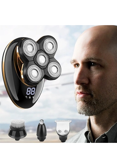 Vkemall Çok Amaçlı Şarjlı Elektrikli Tıraş Makinesi, Su Geçirmez, Dijital Ekranlı, 5 Başlık Siyah Altın Set