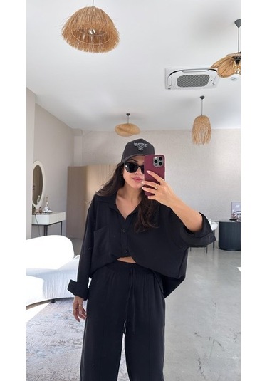 Kadın Flamlı Keten Tek Cep Oversızed Gömlek Siyah