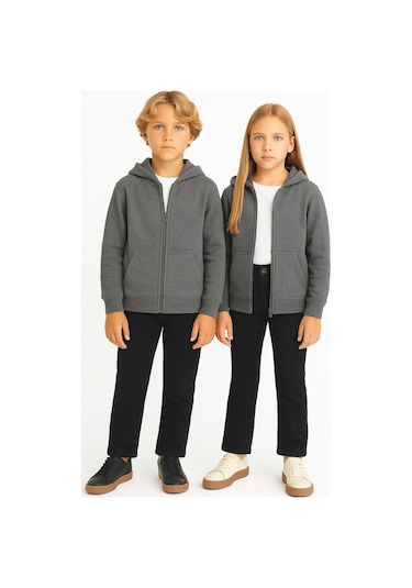 Kız - Erkek Çocuk Basic Fermuarlı Kalın 3 İplik Kışlık Okul Sweat Ak1815 Antrasit