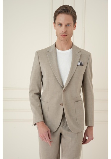 Slim Fit Mono Yaka Çift Yırtmaç Torba Cep Casual Bej Ceket C 698 Bej