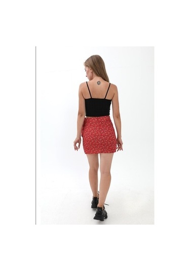 Çiçek Desenli Yandan Bağlamalı Etek - Kırmızı