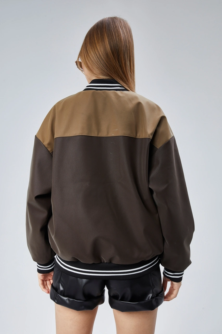 Kadın Oversize Baskılı Motorcu Yarışçı Montu Kolej Ceketi Kahverengi