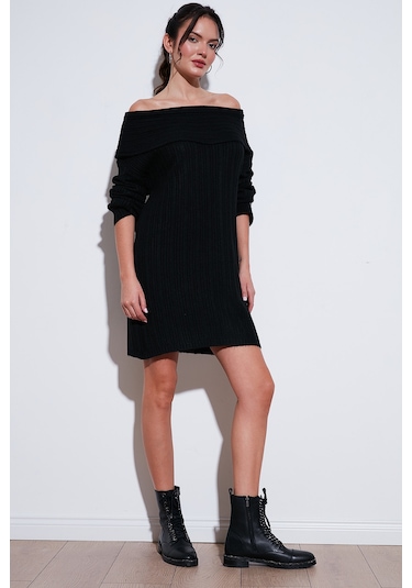 Lela Oversize Fit Kayık Yaka Uzun Kollu Mini Triko Bayan Elbise 4615218 Siyah