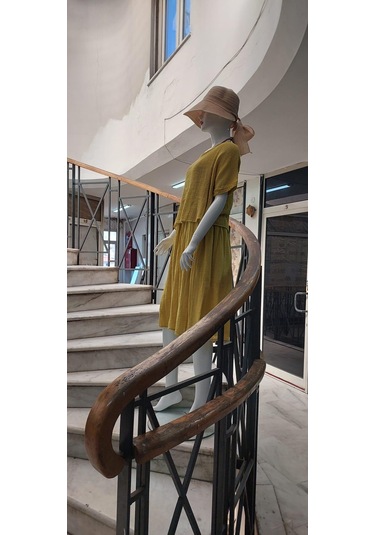 İtalyan Müslin Keteni Üstü File Bluzlu Astarlı Tek Parça Elbise Hardal Sarısı Hardal