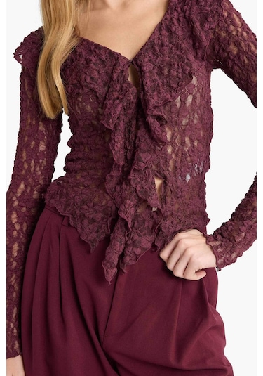 Defacto Slim Fit Dar Kesim V Yaka Volanlı Dantel Uzun Kollu Bluz G4439ax25wnbr232 Bordo-br232 Defacto Slim Fit Dar Kesim V Yaka Volanlı Dantel Uzun Kollu Bluz G4439ax25wnbr232 Bordo-br232
