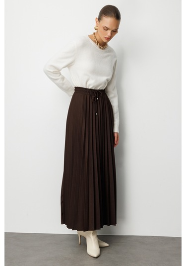 Mizalle Örme Krep Piliseli Maksi Kahverengi Etek Kahverengi