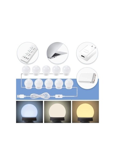 Buffer Nostalji Hollywood Tarzı 10lu Makyaj Masası Aynası Beyaz Led Işıklı Lamba Usb Renk