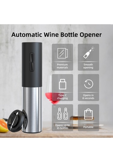 Wezone Siyah Elektrikli Şarap Açıcı Seti - Type-c Şarjlı, Yüksek Yoğunluklu Dişli, Otomatik Foil Kırıcı İçeren Wine Opener Takımı Siyah