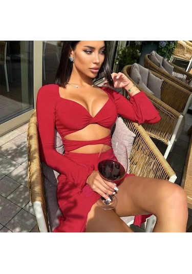 Flare Kollu Seksi Bodycon Kırmızı Mini Elbise