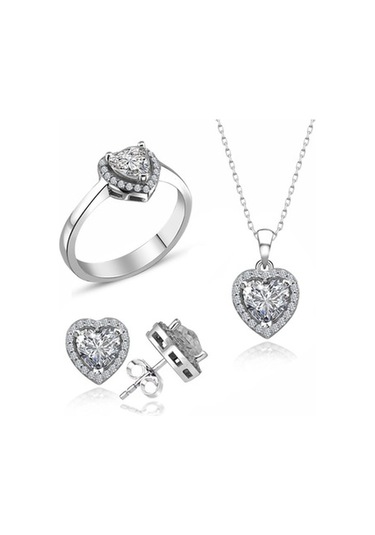 Sertifikalı Swarovski Taşlı Kalp Tektaş 925 Gümüş Set Takım