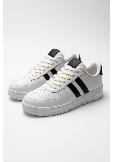 Günlük Unisex Spor Ayakkabı Bağcıklı Dikiş Detaylı Hafif Kalın Yüksek Taban Sneaker 4005 Beyaz - Siyah