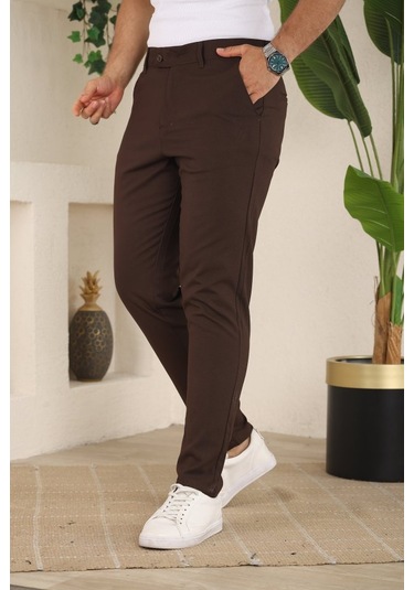 Erkek Slim Fit Likralı Bilek Boy Dilli Kumaş Pantolon Acı Kahve