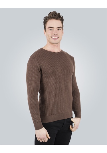 Erkek Standart Fit Normal Kesim Bisiklet Yaka Petek Desenli Kahve Triko Kazak-3440 Kahverengi