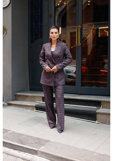 6 Düğmeli Kruvaze Ekose Takım Bordo Bordo