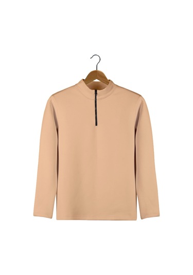 Erkek Krem Yarım Fermuarlı Basic Düz Sweatshirt Krem