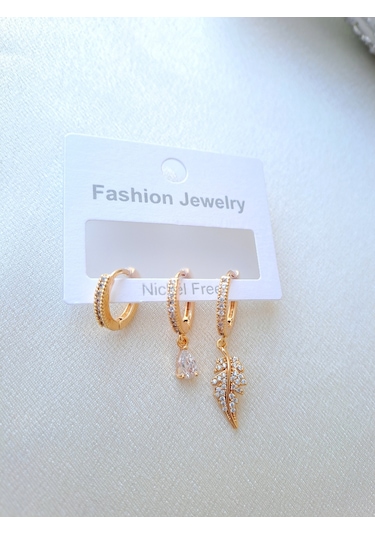 Dali Shop Yaprak Figürlu 3'lü Zirkon Küpe Gold