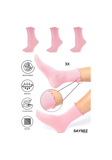 Bambu Kadın Lastiksiz Pembe Fırfırlı Soket Dikişsiz Çorap 3'lü Paket / İz Bırakmaz / Sıkmayan Çorap Renkli
