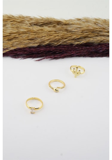 Kadın Özel Tasarım Ayarlanabilir Numarasız Zirkon Taşlı Kaktüs Ve Yılan Figürlü 3'lü Kombin Yüzük Seti-3133 Altın