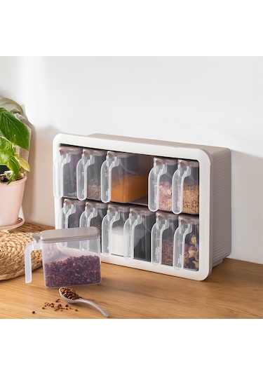 Porsima Simple 1167 Random 12'li Standlı Kendinden Yapışkanlı Kaşıklı Kapaklı Baharatlık Saklama Kabı Seti - Cappuccino Beyaz Cappuccino - Beyaz