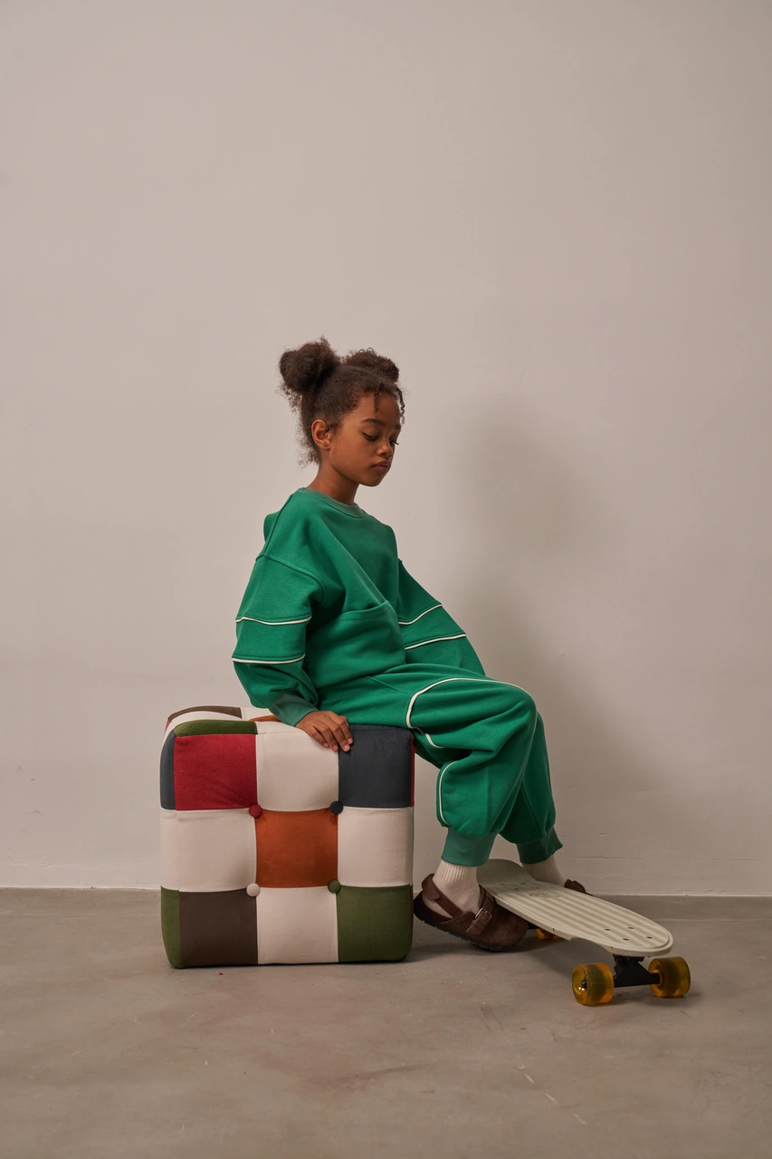 Yeşil Asimetrik Cep Detaylı Oversize Çocuk Alt Üst Takım Yeşil