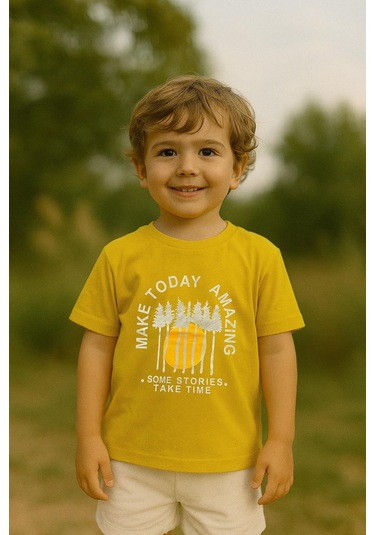 Erkek Çocuk %100 Pamuklu Baskılı Kısa Kollu Tişört - Sarı 3-4 Yaş 8-9 Yaş SARI