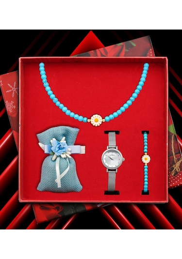 Özel Kutusunda Hasır Kordon Saat & Papatya Kolye & Papatya Bileklik & Lavanta Kesesi Hediye Seti Kadına Özel Hediye Kutusu