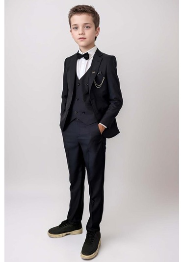 Riccotarz Erkek Çocuk Blazer Ceketli, Cepken Yelekli Siyah Takım Elbise 10-16 Yaş Siyah