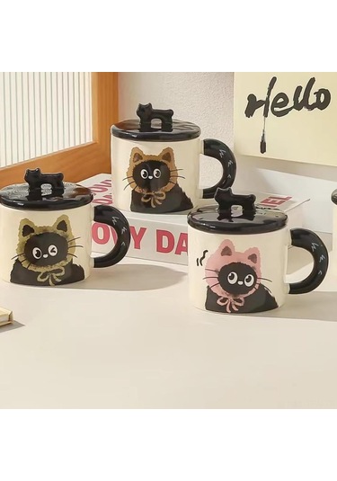 Tenfowee Kedi Desenli Seramik Bardak - Gri Renk 370ml - Dayanıklı Kahve/çay Bardağı - Ev/ofis Kullanıma Uygun Gri