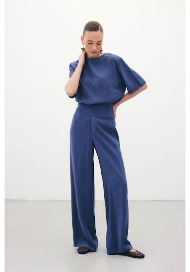 Sateen Kemer Detaylı Modal Pantolon - İndigo-136376 Indigo