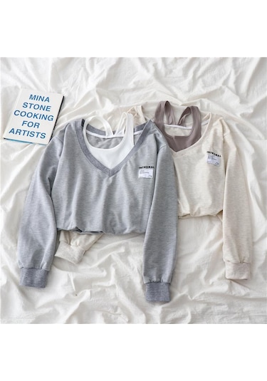 Bej Moda Kadın Sahte Iki Parçalı Straplez Açık Göbek Üst Hazırlık Tarzı Harajuku Swearmshirt Gevşek Rahat Kazak Bej