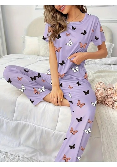 Munn Collection Kadın Kısa Kollu Bisiklet Yaka Kelebek Baskılı Süprem Ikili Takım Mor