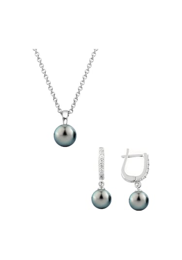 Gümüş Yuvarlak Model Kolye Küpe Siyah Inci Set 8 Mm