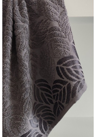 2'li Jakarlı Yaprak Desenli %100 Pamuk El Yüz Havlusu-50x90cm Antrasıt Antrasit