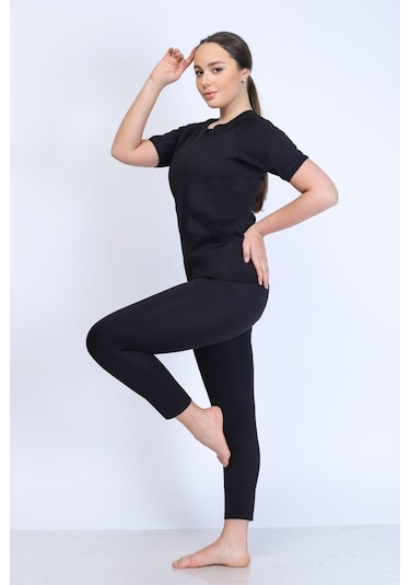 Termal Yarım Kollu Fermuarlı Takım ( Atlet + Tayt ) Siyah