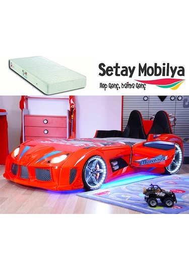 Setaymobilya Arabalı Yatak Audi V7 + Ortopedik Yatak+Full Led+Kapıları Açılan