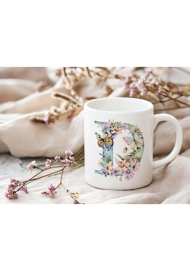 D Harfi Çiçekli Kupa Bardak - Soft Renk Çiçek Ve Kelebek Desenli Zarif Kahve Kupası - Bohem Beyaz