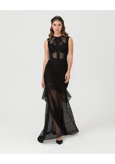 Balık Form Sıfır Yaka Tül Abiye-siyah Siyah