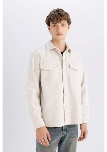 DeFacto Relax Fit Akrilik Karışımlı Düz Uzun Kollu Gömlek Ceket C5961AX24AUBG711