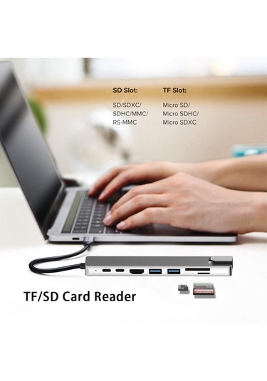 8-in-1 Type-c Çoklu Hub Adaptör Dönüştürücü Hdmı 4k, Usb 3.0, Sd/tf Kart Okuyucu, Pd Şarj, Rj45 Ethernet Laptop Ve Tablet Uyumlu