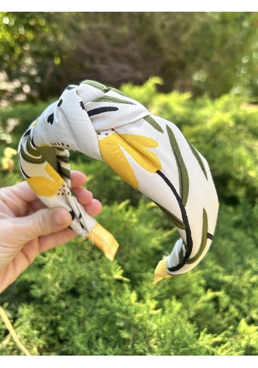 Kadın Kumaş Düğümlü Desenli Yazlık Taç Saç Aksesuarı Beyaz