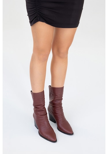 Luvishoes Luvi Shoes Laval Bordo Cilt Arkadan Fermuarlı Kadın Kalın Topuklu Bot Bordo