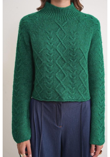 6855 Kadın Dik Yaka Saç Örgülü Triko Kazak Yeşil Yeşil