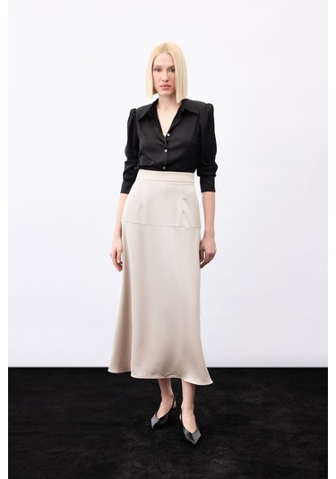 Sateen Yüksek Bel Saten Etek - Vizon-136787 Vizon