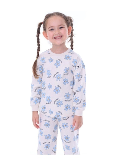 Kız Çocuk Mavi Çiçek Desenli Uzun Kollu Pijama Takımı-912 Mavi