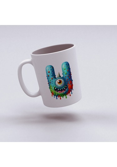 U Harfi Bardak, Sevimli Canavarlar Harflı Bardak Hediyesi Porselen Beyaz