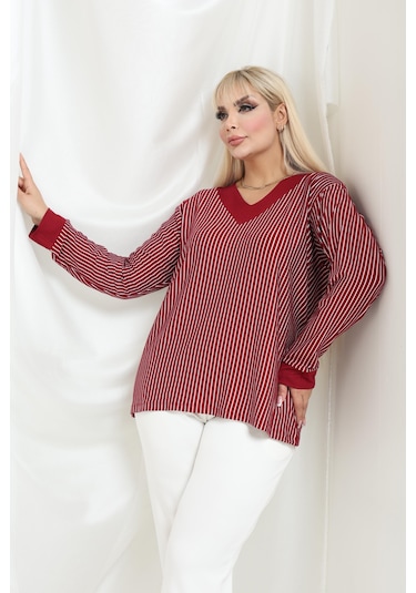 Bambu Viskon V Yaka Uzun Kollu Bluz Rahat Kalıp, Büyük Beden Xl 6xl Bordo